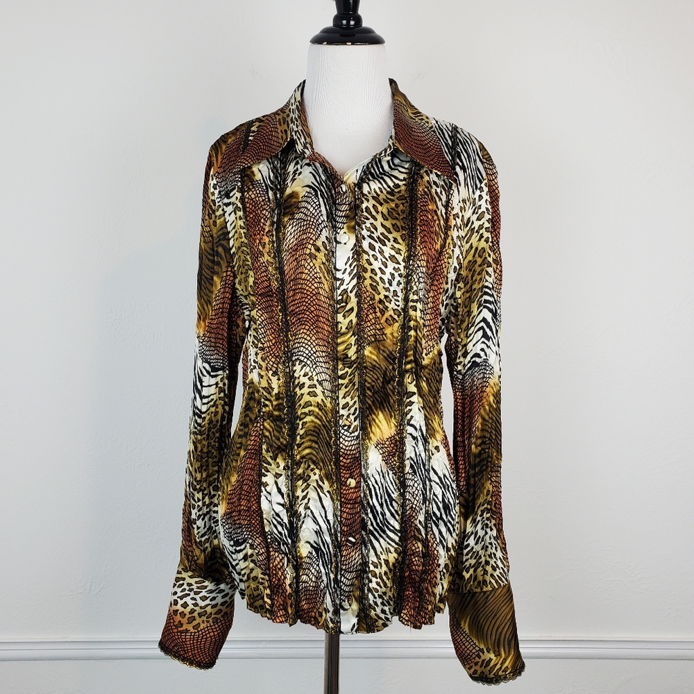 Kaelyn Max Top Crinkle Fabric Animal Print Leopard Tiger Metallic Lace Brown